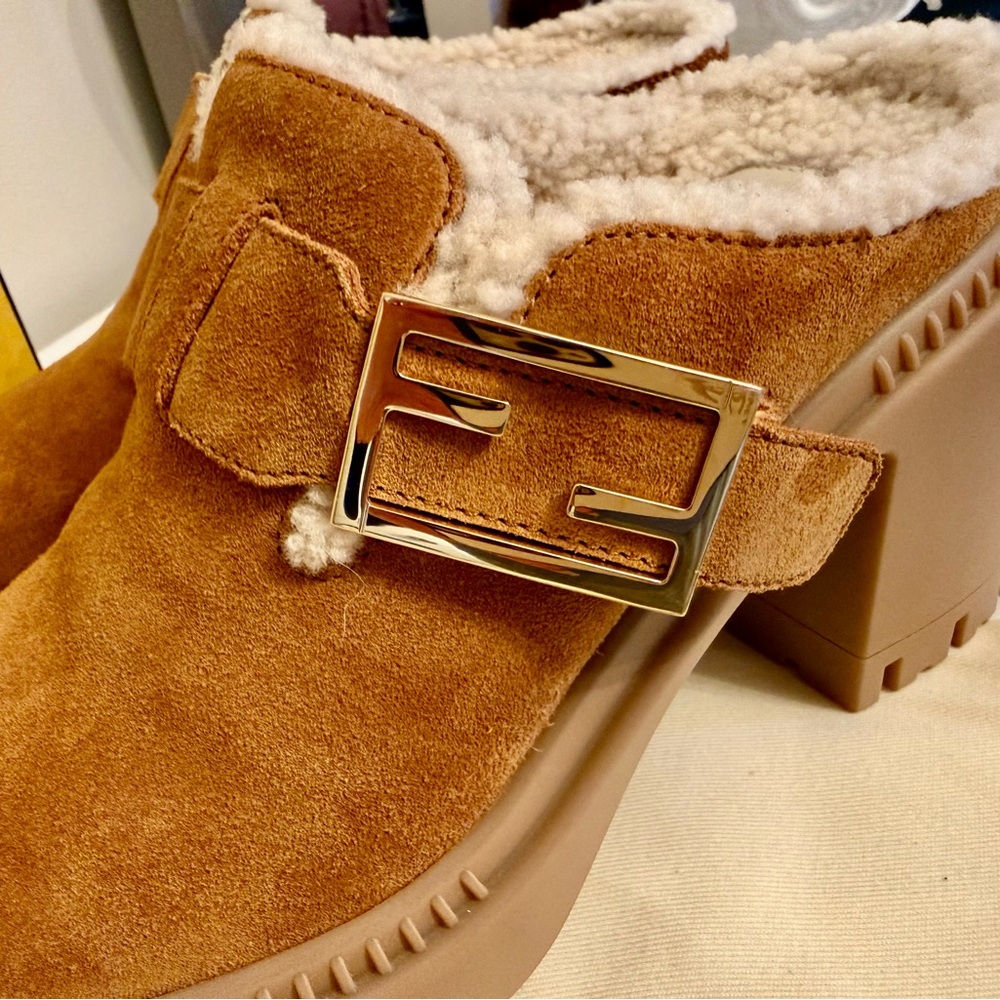 Fendi Tan Suede Shearling-Lined Mules with Gold Buckle - Picture 7 of 10